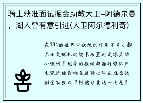 骑士获准面试掘金助教大卫-阿德尔曼，湖人曾有意引进(大卫阿尔德利奇)