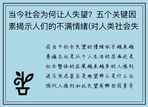 当今社会为何让人失望？五个关键因素揭示人们的不满情绪(对人类社会失望)