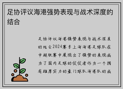 足协评议海港强势表现与战术深度的结合